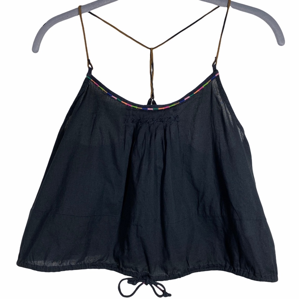 American Eagle Festival Boho Cropped Tank Top w Faux Leather Straps Black XS / S - Picture 1 of 8